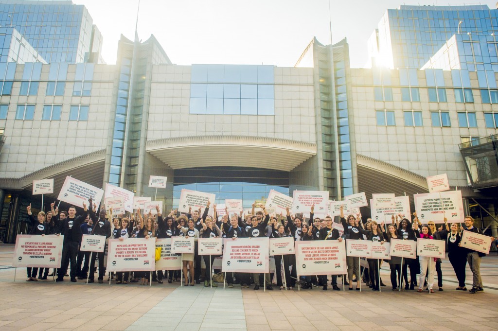 Youth Ambassadors outside the European Parliament, Brussels, before a day of lobbying MEPs. Photo: ONE/ Joris Bulckens