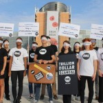 The ONE team in Brussels arrive blindfolded at the European Parliament to hand in thousands of tweets, calling for new transparency laws to tackle global corruption. Photo: ONE