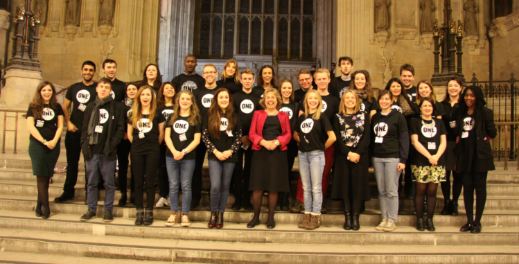 UK Youth Ambassadors with government minister Baroness Northover at Westminster, London. Photo: ONE