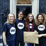 Charlotte, Elena, Erin, and Rachel deliver our Just Say Yes petition to Number 10 Downing Street