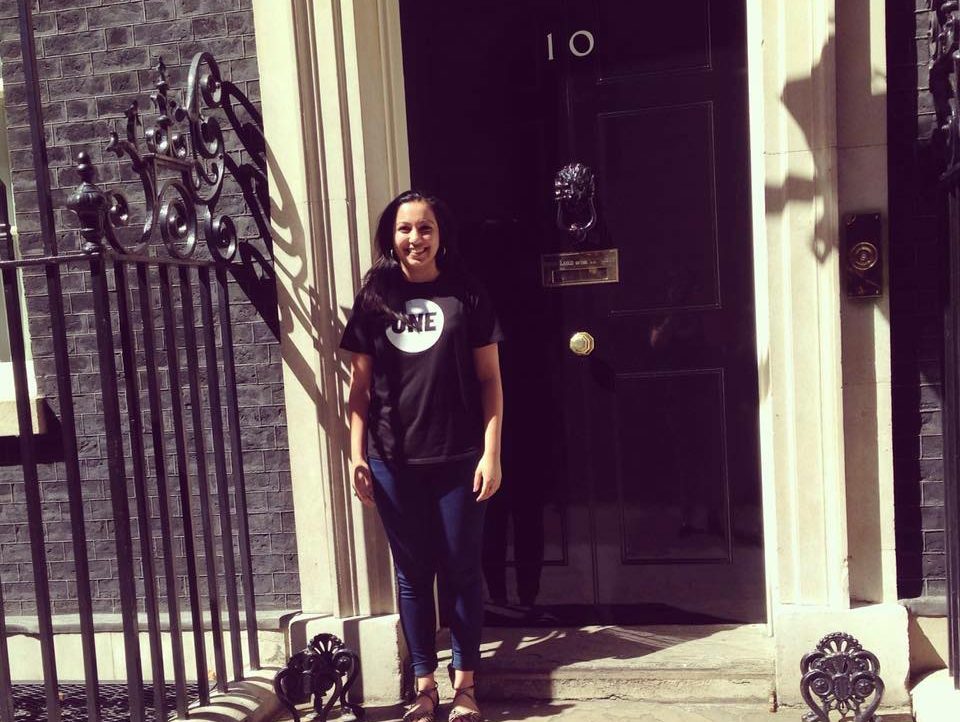 Youth Ambassador Zainab outside number 10 Downing Street.