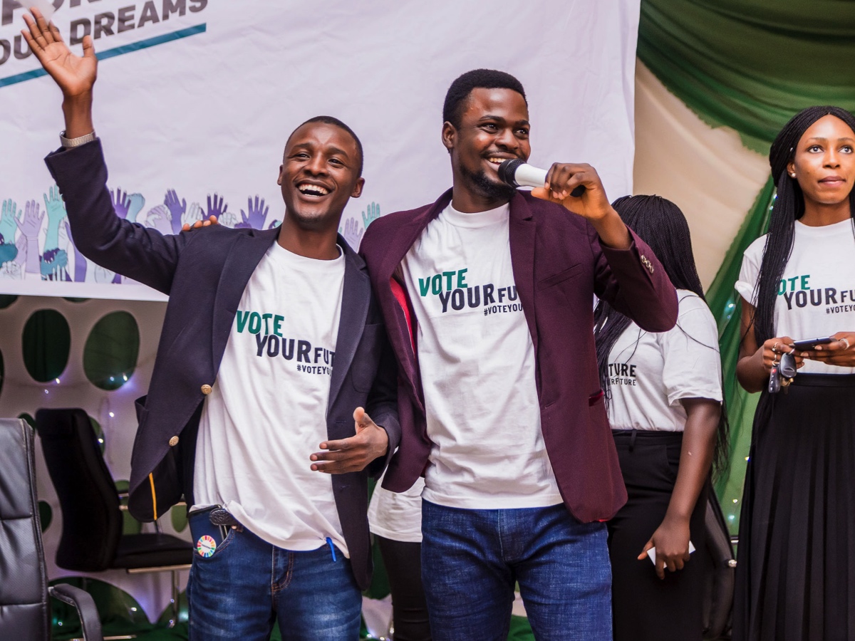 ONE Champion Ibrahim Abubakar (left) and ONE Campaigns Assistant Olalekan Obisesan in Kaduna State University, Kaduna.