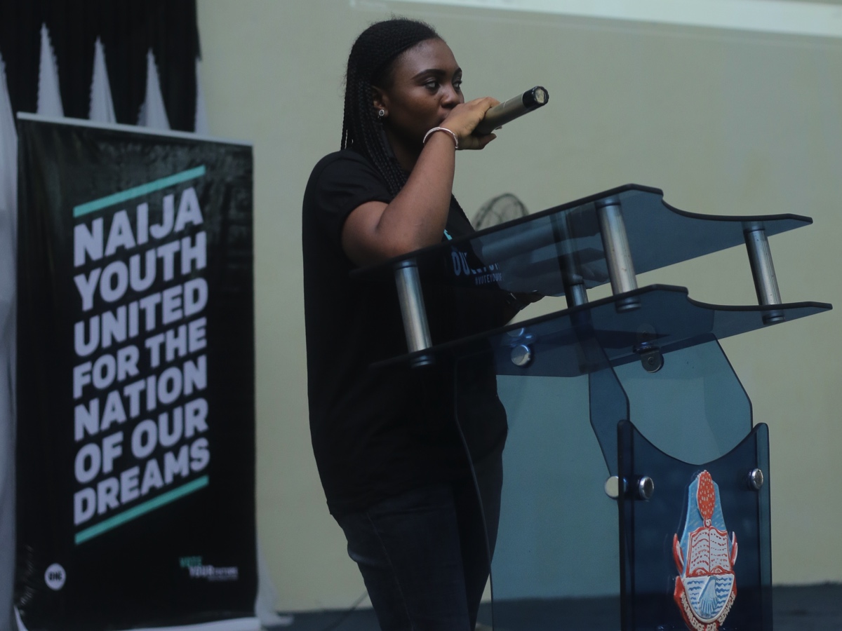 Rosemond Edem, ONE Champion, welcoming participants at the University of Calabar, Cross River State.