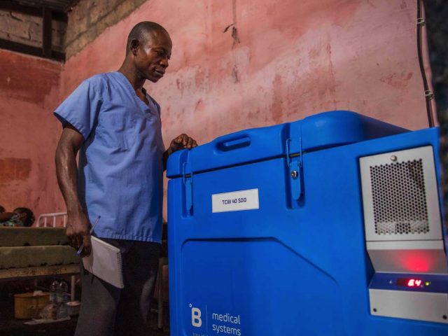 Health worker Victor received a solar fridge to store vaccines last year.