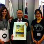 Timothy Kirkhope, MEP, with ONE staff Eloise Todd and Tamira Gunzburg and the message of over 50,000 ONE members.  Photo: ONE