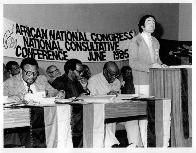 Albie Sachs speaks at the African National Congress' National Consultative Conference in June, 1985. (Photo credit: Abby Ginzberg, Ginzberg Productions)