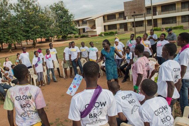 The 2015 Camp GLOW/Bro in Volta region of Ghana which was held during the week of August 24, 2015. The camp was organized by a group of Peace Corps volunteers from all over the country. Each volunteer sponsored at least one girl or boy to partake in the week-long camp. The camps are designed to cover a variety of topics including, but not limited to, girls empowerment, gender equality, HIV/AIDS, and malaria. GLOW is an acronym for Girls Leading our World and BRO is an acronym for Boys Respecting Others. (Photo credit: Peace Corps)