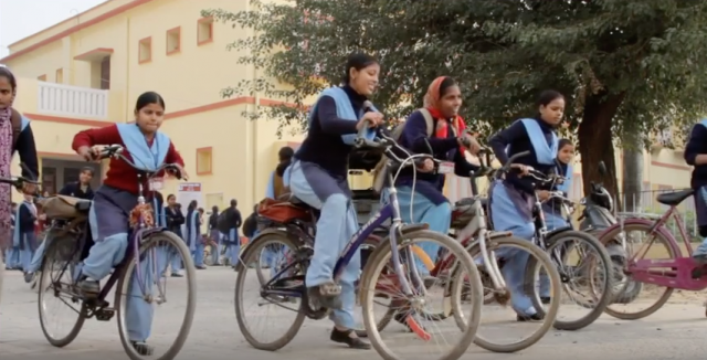 Girls in Behar try out the bicycles provided for them. (Photo credit: International Growth Centre)
