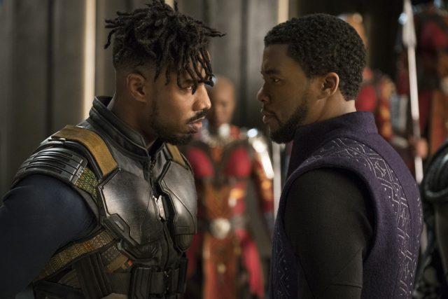 From left: Erik Killmonger (Michael B. Jordan) and T'Challa/Black Panther (Chadwick Boseman) in "Black Panther." (Photo credit: Matt Kennedy. ©Marvel Studios 2018)