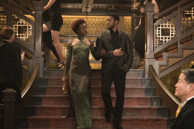 Nakia (Lupita Nyong'o) and T'Challa/Black Panther (Chadwick Boseman). (Photo credit: Matt Kennedy. ©Marvel Studios 2018)